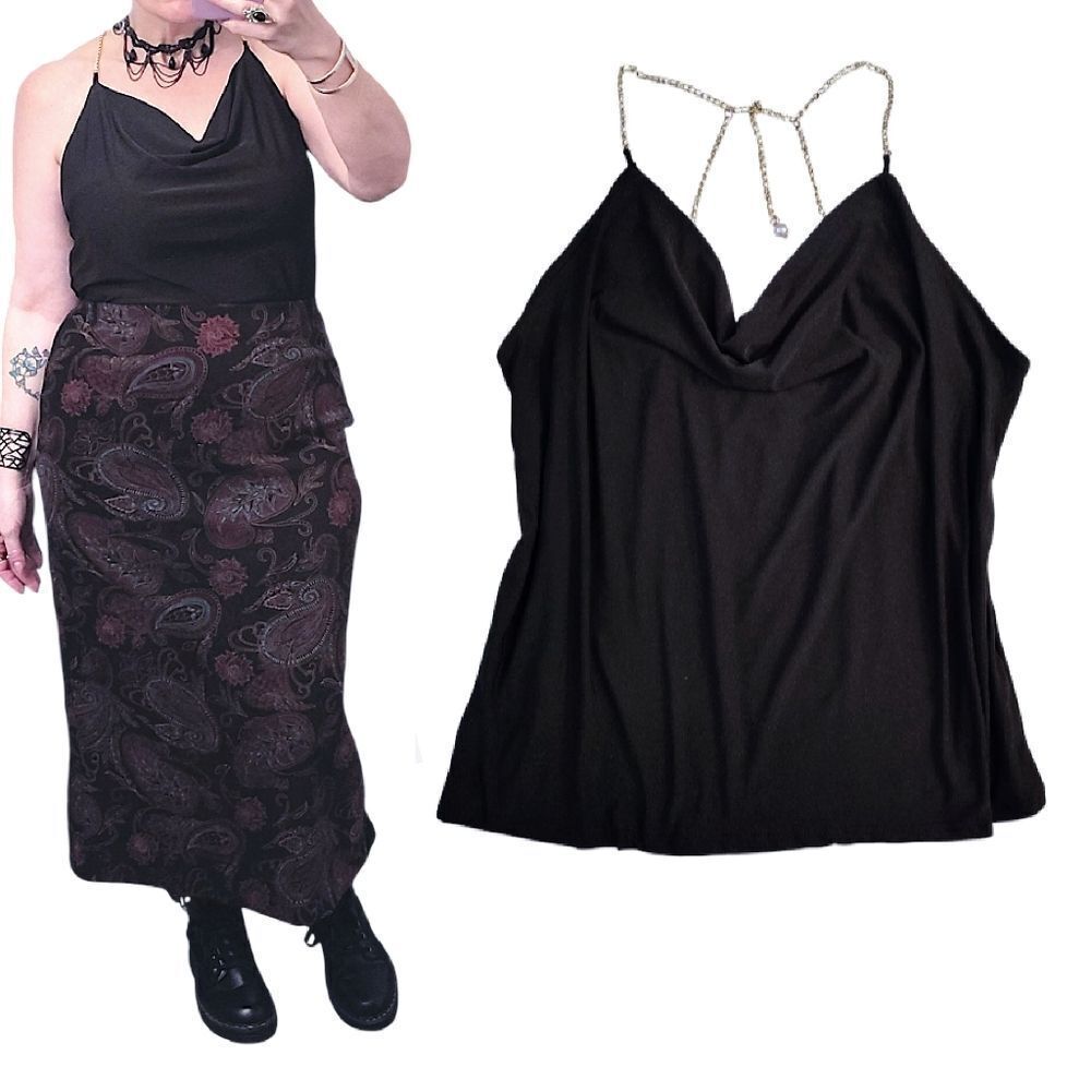 LAVISH Black Draped Cowl Neck Gold Pearl Chain Halter Tank Blouse Large NWOT